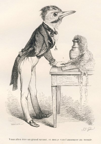 ستصبح عالماً عظيماً ، وسأعلنه للعالم. المقالات القصيرة موضحة بواسطة JJ Granville. نقش وقع تمايزير في القسم المعنون "دليل الحمار لاستخدام الحيوانات التي تريد تحقيق التكريم" الذي كتبه أونوريه دي بلزاك في بواسطة جراندفيل