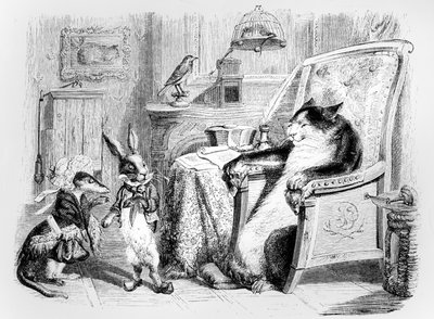 القط ، ابن عرس والأرنب الصغير ، رسم توضيحي لـ "خرافات" لافونتين (1621-1695) ، نشرها H.Fournier Aine ، 1838 بواسطة جراندفيل