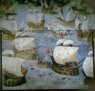 معركة بحرية في جزر الأزور (1571) - غزو الجزيرة الثالثة - رسم جديد 1585 - أعيد بواسطة Granello Tavaron Castello y Cambiasso