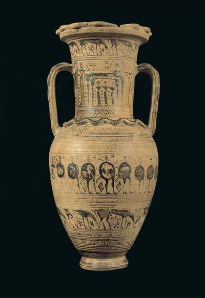 أمفورا علية ، أواخر العصر الهندسي الثاني ب الفترة (720-700 قبل الميلاد) (الطين المطلي) بواسطة اليونانية