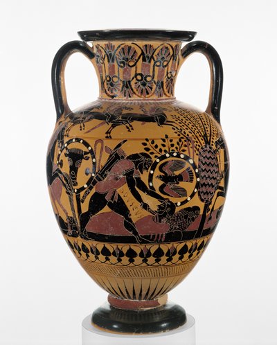 أمفورا شالسيديان ذات شكل أسود مع أوديسيوس تقتل ثراسيان ، c.540 قبل الميلاد (الطين) بواسطة اليونانية