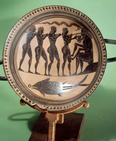 Cup showing Ulysses blinding Polyphemus, black-figure pottery, Greek Civilization, 6th Century BC بواسطة اليونانية