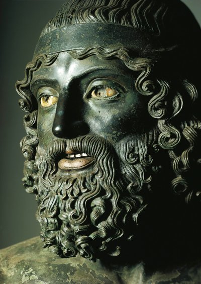 Detail of the head of Statue A or the Younger of the Riace Bronzes (bronze) BC بواسطة اليونانية