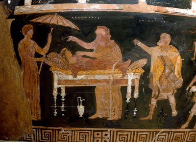 الفن اليوناني: إناء من Arhemore: جنازة Arhemore (Opheltes) لوحة لرسام داريوس. من Ruvo. القرن الرابع قبل الميلاد. Museo Archeologico Nazionale ، نابولي بواسطة اليونانية