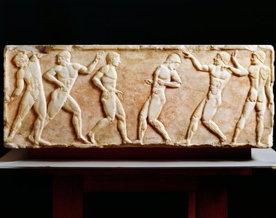 Greek Civilization, Stele depicting athletes at gymnasium, From Kerameikos necropolis in Athens, Greece, 510 BC بواسطة اليونانية