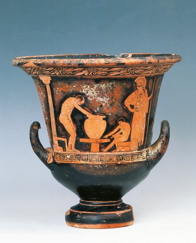 Krater showing scene of potter at work under gaze of Athena, red-figure pottery from Sicily, Italy, Magna Graecia, 5th Century BC (red pottery) بواسطة اليونانية