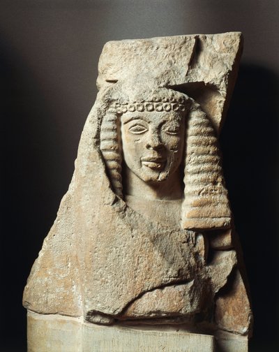 Metope fragment with female figure, from Mycenae, Greece, 7th century bc (limestone) بواسطة اليونانية