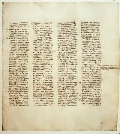 صفحة إنجيل القديس يوحنا. تُعرف المخطوطات اليونانية باسم Codex Sinaiticus بين 330 و 350. جمعية الكتاب المقدس بلندن بواسطة اليونانية