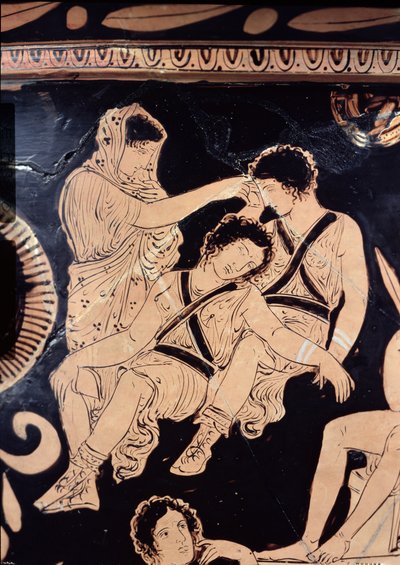 علية الشكل الأحمر كرتير الذي يصور Orestes كمورد في ضريح أبولو في دلفي ، المنسوب إلى رسام Apulian Eumenides رسام ، c.380 قبل الميلاد (الفخار) (التفاصيل) بواسطة المدرسة اليونانية