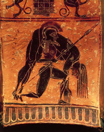 Black-figure pottery, Francois vase, Attic volute krater signed by the potter Ergotimos and the painter Kleitias, detail, Ajax Telamon carrying Achilles