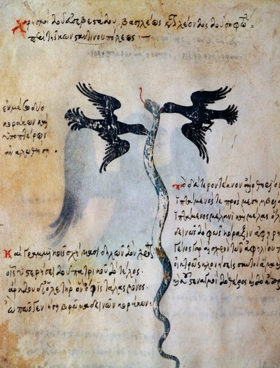 Depiction of Constantinople between two ravens, miniature from Oracle of Leo VI Wise بواسطة المدرسة اليونانية