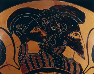 Detail of Greek black-figure vase depicting three warriors with helmets بواسطة المدرسة اليونانية