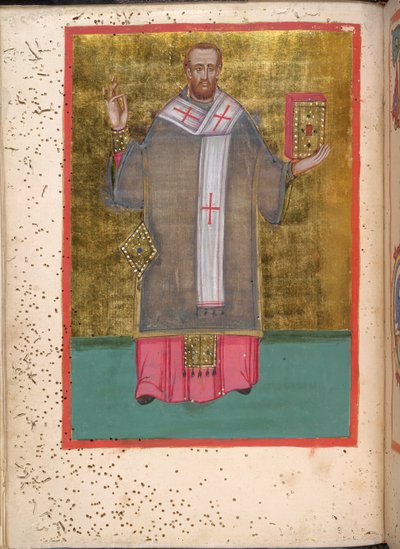 Egerton 2392 ، f.5v ، صورة مصغرة لجون كريسوستوم واقفًا يحمل كتابًا ، من Leitourgikon ، بما في ذلك خدمات الكهنوت والصلوات بواسطة المدرسة اليونانية