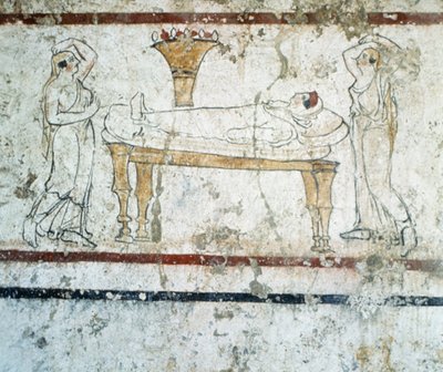 Gaudo Necropolis ، لوحة مقبرة جدارية لوسانية تصور المتوفاة على فراش موتها ، 340 قبل الميلاد بواسطة المدرسة اليونانية