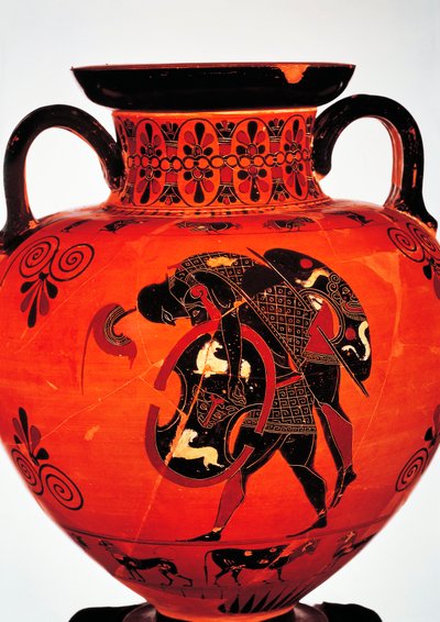 Greek civilization, 6th century b.C. Black-figure pottery. Amphora depicting Ajax carrying the body of Achilles. بواسطة المدرسة اليونانية