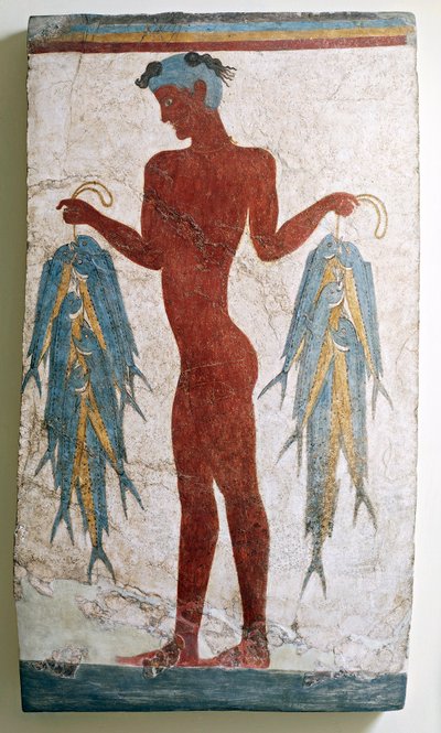 الحضارة اليونانية ، لوحة جدارية تصور صيادًا ، من أكروتيري ، ثيرا ، سانتوريني ، اليونان بواسطة المدرسة اليونانية