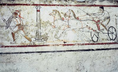 لوحة قبر جدارية في لوسان تصور مصارع ورجل على عربة ، Paestum 350-330 قبل الميلاد بواسطة المدرسة اليونانية