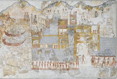 لوحة جدارية مصغرة تصور أسطولًا بحريًا يغادر رصيفًا ، من المنزل الغربي في ثيرا أو سانتوريني ، اليونان بواسطة المدرسة اليونانية