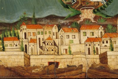الحوض الذي يصور نهضة اليونان ، تفاصيل القسطنطينية ، من سيروس ، سيكلاديز (درجة حرارة البيض على الخشب) بواسطة المدرسة اليونانية