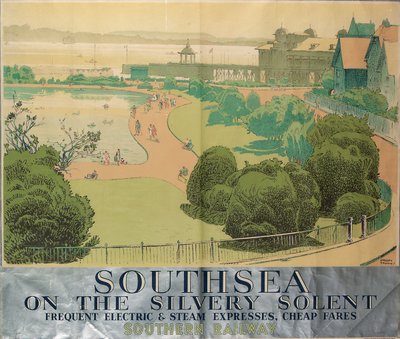 "Southsea on the Silvery Solent" ، ملصق إعلان عن السكك الحديدية الجنوبية بواسطة ف. جريجوري براون