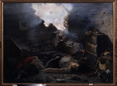حصار سيفاستوبول (أوكرانيا) (حصار سيفاستوبول). وصف لفظائع حرب القرم (1853-1856) ، أثناء حصار سيباستوبول عام 1854. جثث امرأة وطفلها ملقاة على أرضية منزلهما مع الجدار الممزق بواسطة غريغوري غريغوريفيتش مياسويدوف