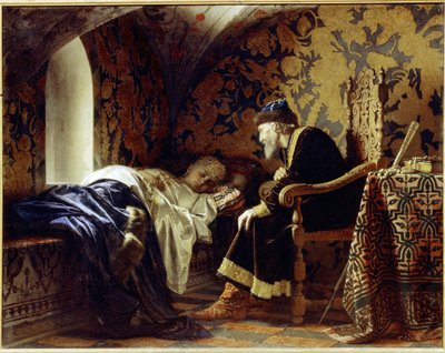 فاسيليسا ميلينتييفا (توفي 1579) والقيصر إيفان الرابع الرهيب (1530-1584). (فاسيليسا ميلينتيفنا والقيصر إيفان الرهيب). الشابة والجميلة ، الزوجة السادسة للقيصر ، نائمة على مقعد ، تحت أنظار إيفان تير الرقيقة بواسطة غريغوري سيمينوفيتش سيدوف