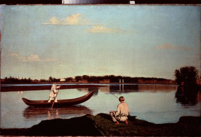 صياد خط (ومجدف شاب يقف في قارب) - صياد - لوحة رسمها غريغوري فاسيليفيتش سوروكا (1823-1863) ، زيت على قماش ، حوالي 1840 - الفن الروسي بواسطة Grigori Vasilievich Soroka