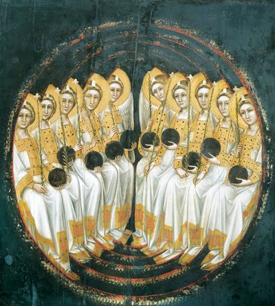 ملائكة جالسة مع الأجرام السماوية في أيديهم ، بواسطة Guariento (نشط 1338-1367 أو 1370) ، تمبرا على لوح بواسطة Guariento di Arpo