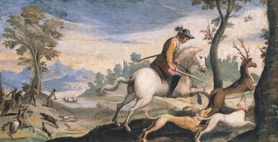صيد الغزلان والخنزير البري ، بواسطة جيوفاني فرانشيسكو باربيري ، المعروف باسم جويرسينو (1591-1666) ، في الهواء الطلق ، 53x101 سم بواسطة جويرسينو
