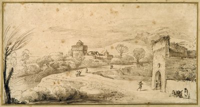 Landscape with a crenellated gatehouse and a winding road (pen & ink on paper) بواسطة جويرسينو
