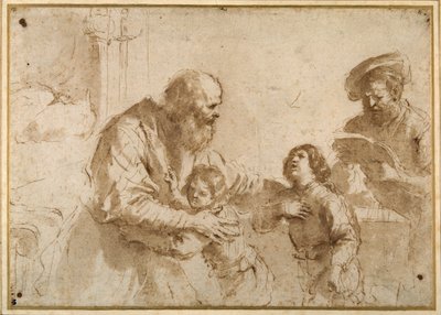 Two boys comforted by a bearded elder, while another bearded, middle-aged man reads a book (pen & ink over chalk, with wash on paper) بواسطة جويرسينو