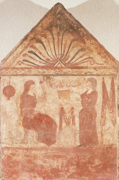 شاهد قبر مطلي يظهر امرأة تجلس على العرش أثناء الغزل، من أندريولو-لاجيتو في بايستوم، كامبانيا، إيطاليا بواسطة غولييلمو بيلانشيوني