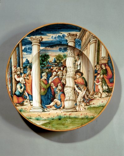 صحن يصور القديس بطرس والقديس يوحنا يشفي الرجل الأعرج في الهيكل، حوالي 1540-1550 (مايوليكا) بواسطة جويدو دي (ورشة) ميرلينو