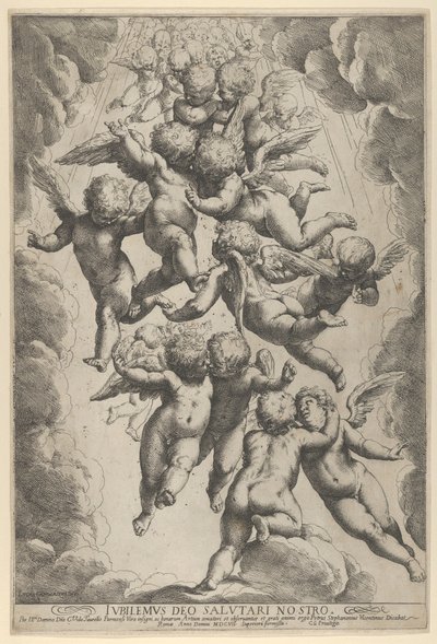 مجموعة من الملائكة تعانق في رحلة ، محاطة بالغيوم ، كاليفورنيا. 1607. ، كاليفورنيا. 1607. بواسطة جويدو ريني