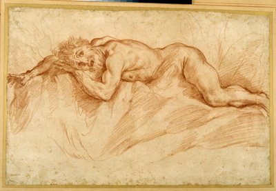 A terrified nude man, prone on rocky ground (red chalk on paper) بواسطة جويدو ريني