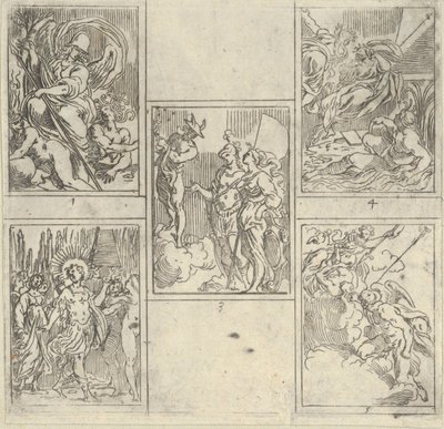 خمسة مشاهد مرقمة ، كل بعد رسام في Accademia Degl'Incamminati ، من IL FUNE ... ، 1603. بواسطة جويدو ريني