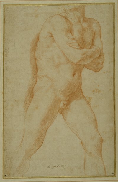 Nude man striding forward, with arms folded and looking over this right shoulder (red chalk on cream paper) بواسطة جويدو ريني