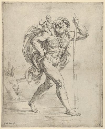القديس كريستوفر يمشي مع المسيح الرضيع على كتفه الأيمن ، كاليفورنيا. 1600-1640. بواسطة جويدو ريني