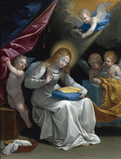 الخياطة العذراء ، برفقة أربعة ملائكة (La Couseuse) par Reni ، Guido (1575-1642). زيت على نحاس ، مقاس: 28.5 × 21.5 ، مجموعة خاصة بواسطة جويدو ريني