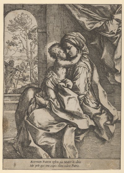 جلست العذراء مع المسيح الطفل في حضنها تعانقها ، ورأى يوسف في كل مكان. 1600-1613. بواسطة جويدو ريني