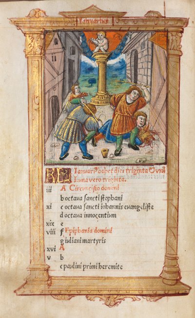كتاب مطبوع لساعات استخدام روما: fol. 2v ، رسم توضيحي لتقويم يناير ، 1510. بواسطة غيوم لو روج