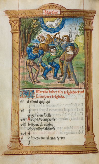 كتاب مطبوع لساعات استخدام روما: fol. 4v ، رسم توضيحي لتقويم مارس ، 1510. بواسطة غيوم لو روج