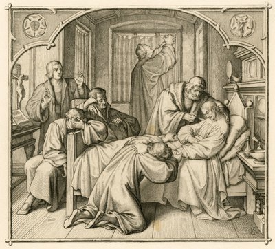 صديق لوثر فيليب (فيليب ، فيليبس) ميلانشثون (1497-1560) مريض جدًا ولذلك يصلي لوثر من أجل الشفاء بواسطة جوستاف فرديناند ليوبولد كونيج