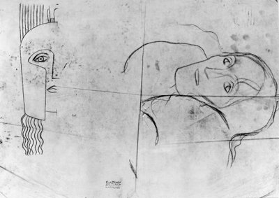دراسات لـ Ver Sacrum 1900 - Pallas Athene و Tragic Head ، 1897-98 (قلم رصاص وقلم تلوين أزرق على ورق استشفاف) بواسطة غوستاف كليمت