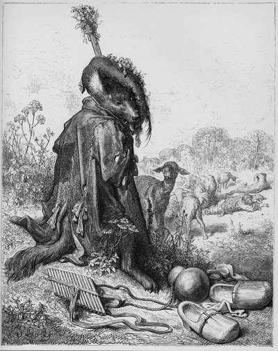 أصبح الذئب راعيًا - الذئب الذي لعب دور الراعي - من "الخرافات" لجين دي لافونتين (لافونتين) (1621-95) - نقش بعد غوستاف دوري (1832-1883) - مجموعة خاصة بواسطة غوستاف (بعد) دوري