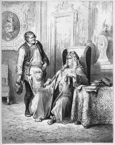 Le cobbler et le financier - The Cobbler and the Financier - من "الخرافات" لجين دي لافونتين (لافونتين) (1621-95) - نقش بعد غوستاف دوري (1832-1883) - مجموعة خاصة بواسطة غوستاف (بعد) دوري
