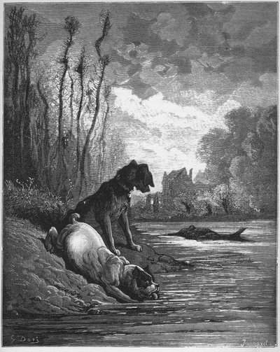 Les Deux Chiens et L'ane mort - The Two Dogs and the حمار ميت - من "الخرافات" لجان دي لافونتين (لافونتين) (1621-95) - نقش بعد غوستاف دوري (1832-1883) - مجموعة خاصة بواسطة غوستاف (بعد) دوري