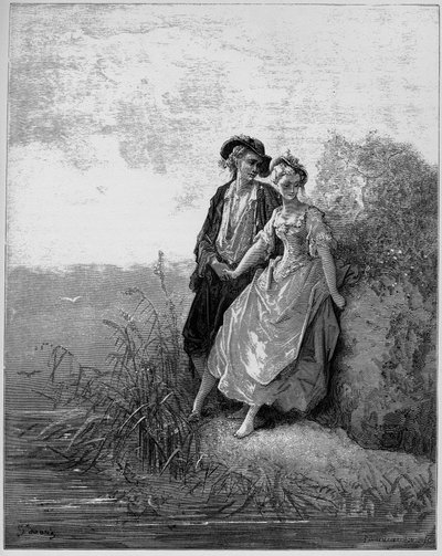 Tircis et Amarante - Tircis and Amaranth - (الراعي والراعية) - من "الخرافات" لجين دي لافونتين (لافونتين) (1621-95) - نقش بعد غوستاف دوري (1832-1883) - مجموعة خاصة بواسطة غوستاف (بعد) دوري