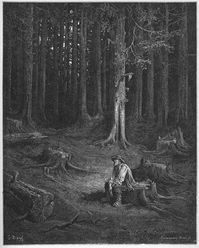 la foret et le bucheron - الغابة والحطاب - من "الخرافات" لجين دي لافونتين (لافونتين) (1621-95) - إنجرافين بعد غوستاف دوري (1832-1883) - مجموعة خاصة بواسطة غوستاف (بعد) دوري