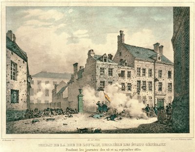 القتال في Rue de Louvain ، بروكسل ، خلف Etats Generaux ، من 23 إلى 24 سبتمبر 1830 ، منقوش بواسطة جان بابتيست مادو (1796-1877) بواسطة غوستاف أدولف بعد سيمونو